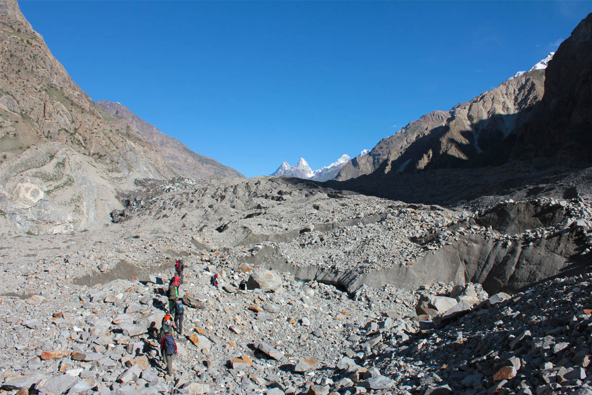 Walking on glacier in snow lake trek